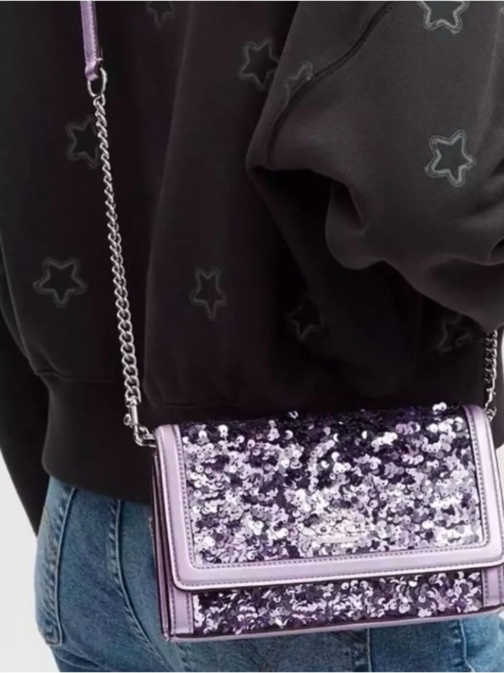 Coach Flap Clutch Crossbody Bag in Lilac Metallic Leather & Sequins